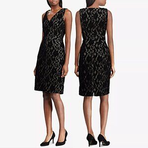 New Lauren Ralph Lauren Black Floral Lace V-Neck Dress 10 Petite